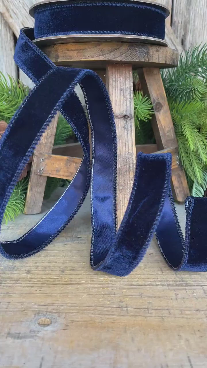 Navy Blue Velvet Wired Ribbon: 1-inch, 10 Yards, Christmas Bow Supply