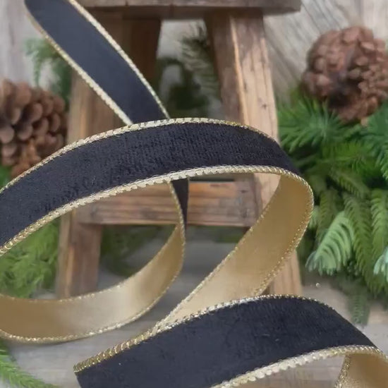 1" Black Velvet Ribbon, Wired RIbbon, Black Gold Velvet Ribbon