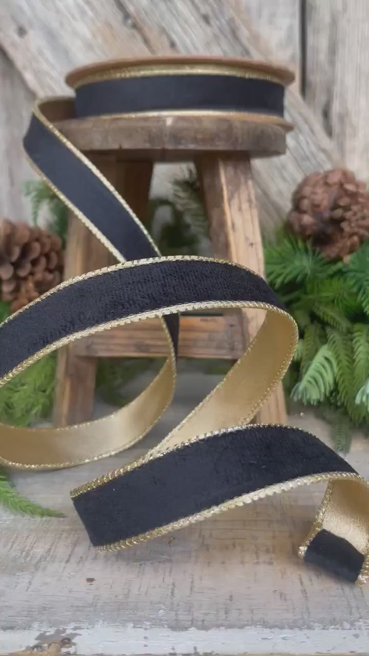 1" Black Velvet Ribbon, Wired RIbbon, Black Gold Velvet Ribbon