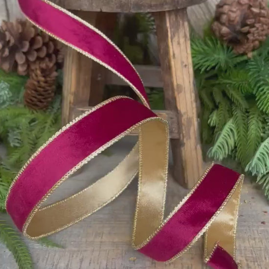 1" Burgundy Gold Velvet Ribbon, Burgundy Velvet Ribbon, Christmas RIbbon