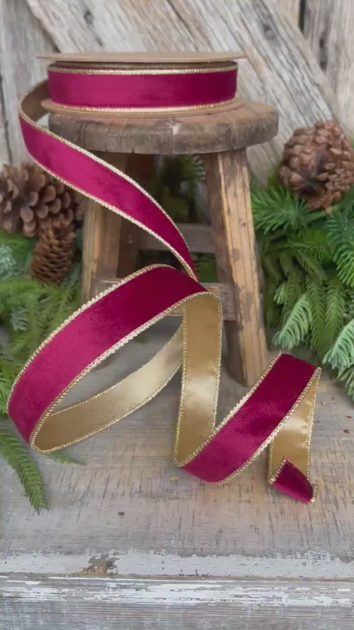 1" Burgundy Gold Velvet Ribbon, Burgundy Velvet Ribbon, Christmas RIbbon