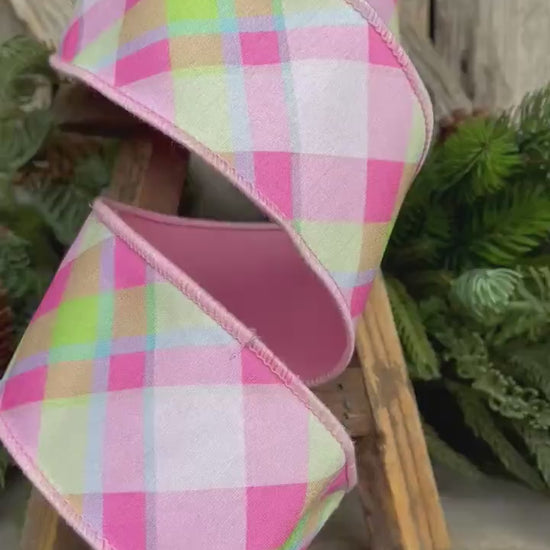 2.5" Pastel Pink Diagonal Plaid, Designer Ribbon, Pink Plaid Ribbon