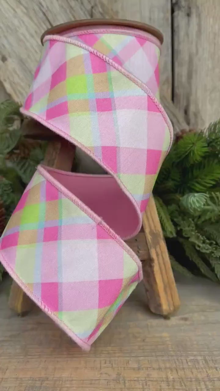 2.5" Pastel Pink Diagonal Plaid, Designer Ribbon, Pink Plaid Ribbon