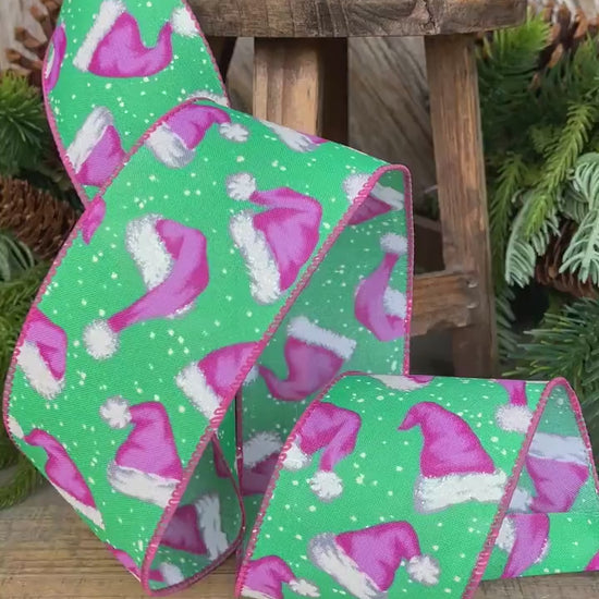 2.5" Pink Santa Hat Ribbon, Mint & Pink Ribbon, Christmas Ribbon
