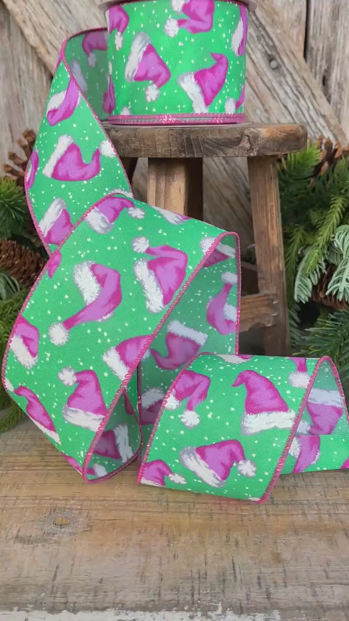 2.5" Pink Santa Hat Ribbon, Mint & Pink Ribbon, Christmas Ribbon
