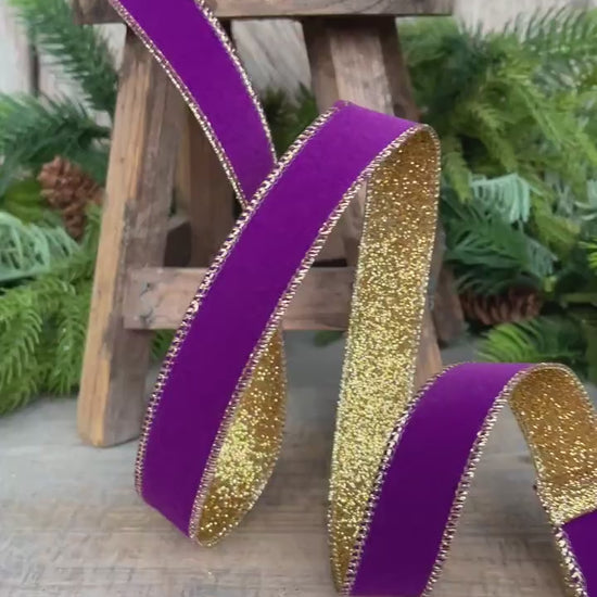 1" Purple Gold Gleam Ribbon, Farrisilk Ribbon, Wired Ribbon