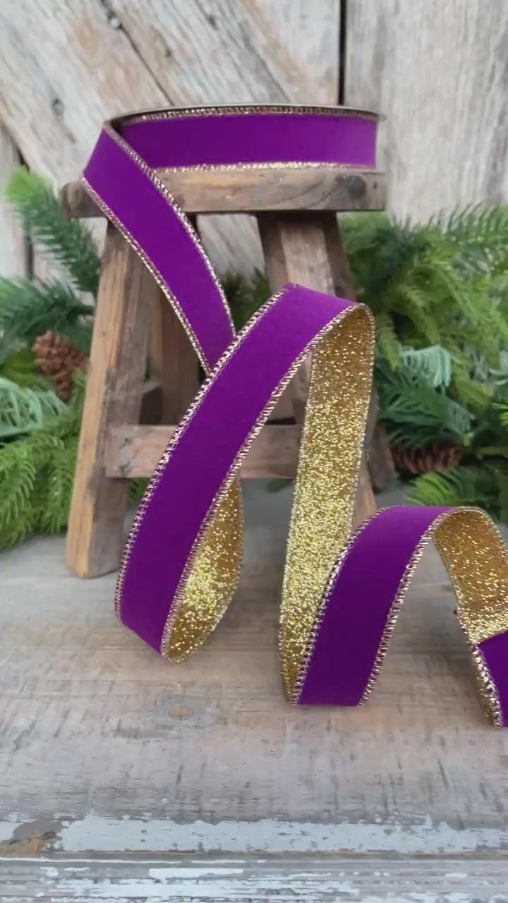 1" Purple Gold Gleam Ribbon, Farrisilk Ribbon, Wired Ribbon
