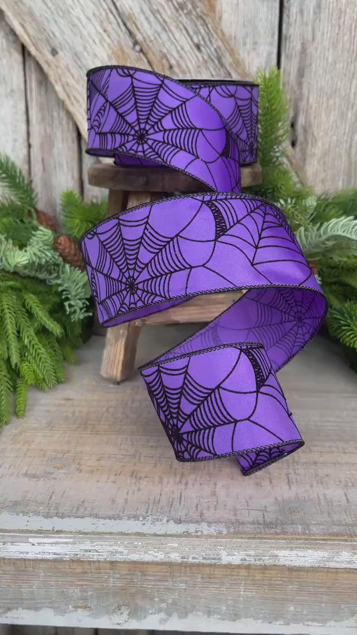 2.5" Purple Spooky Webs Ribbon, Farrisilk Ribbon, Halloween Ribbon