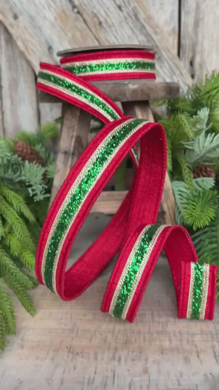 1" Red Green Gold Ribbon, Christmas ribbon, Green Red RIbbon