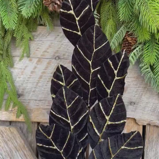 27" Black Velvet Leaf Spray, Black Gold Leaf Spray, Black Floral Spray