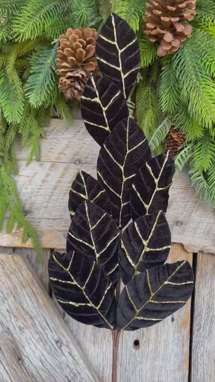 27" Black Velvet Leaf Spray, Black Gold Leaf Spray, Black Floral Spray