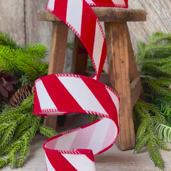 1.5" Red and White Diagonal Stripe Ribbon, Ribbon with wire, Christmas Ribbon