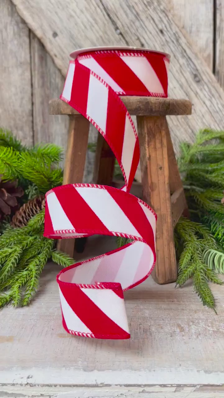 1.5" Red and White Diagonal Stripe Ribbon, Ribbon with wire, Christmas Ribbon