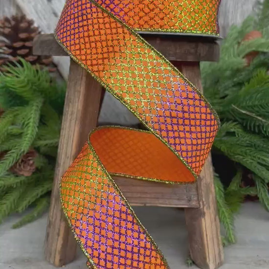 1.5" Orange Lizard Lattice Wired Ribbon, Farrisilk Ribbon, Designer Ribbon