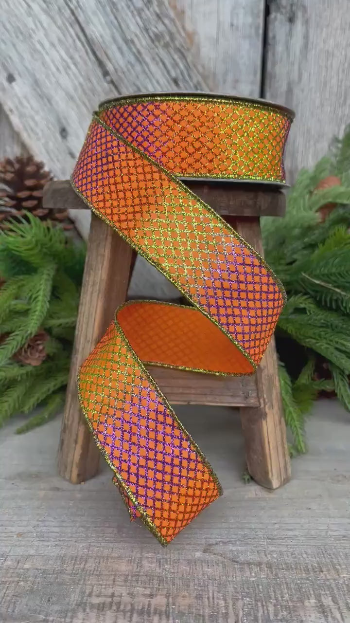 1.5" Orange Lizard Lattice Wired Ribbon, Farrisilk Ribbon, Designer Ribbon