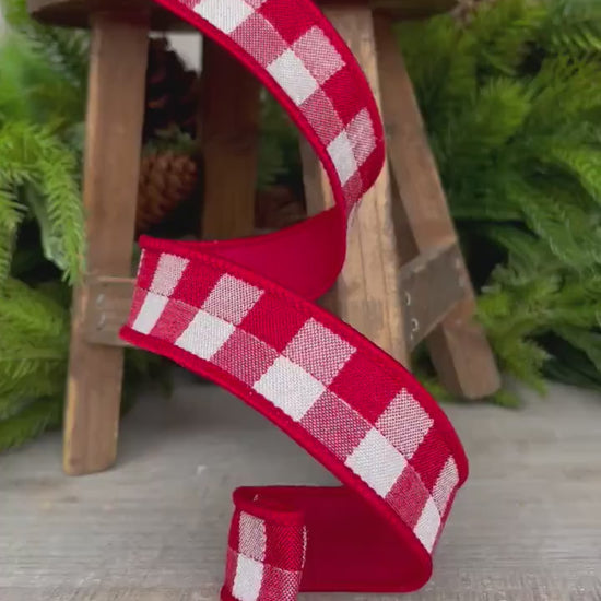 1" Red Checks Stitchery Ribbon, Farrisilk Ribbon, Red White Ribbon