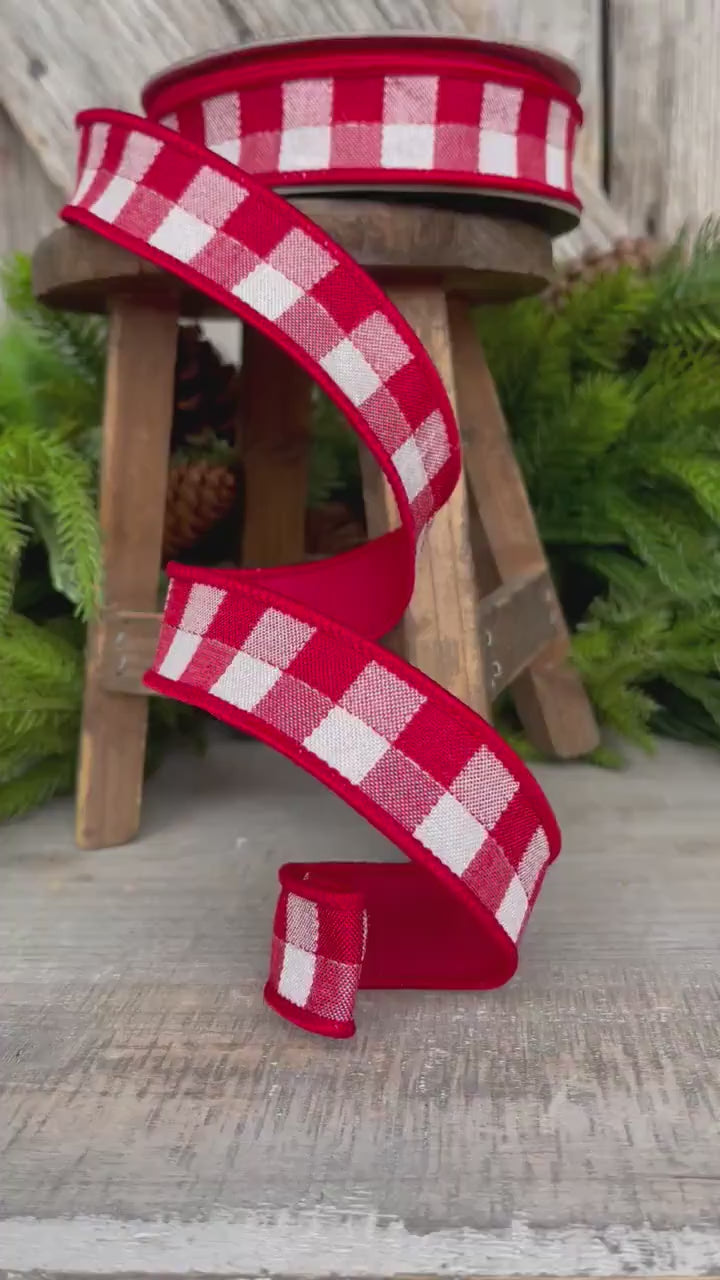 1" Red Checks Stitchery Ribbon, Farrisilk Ribbon, Red White Ribbon