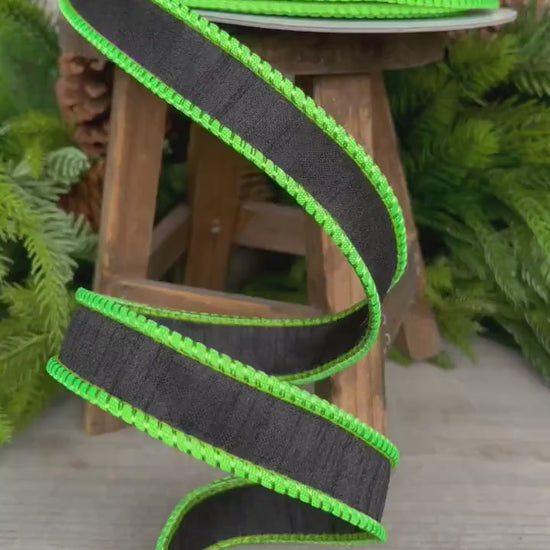 1" Black Lime Green Corded Ribbon, Farrisilk Ribbon, Wired Ribbon