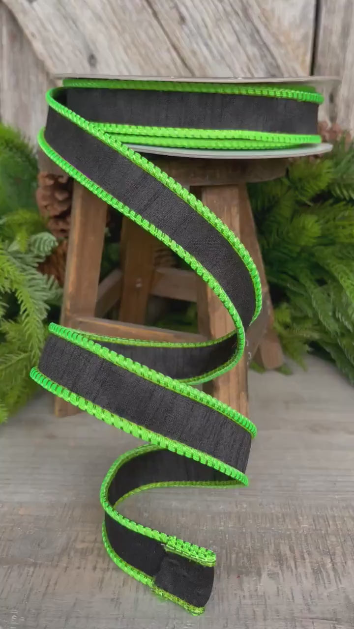1" Black Lime Green Corded Ribbon, Farrisilk Ribbon, Wired Ribbon