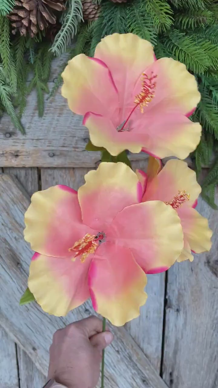 27" Coral Orange Hibiscus Stem, Artificial Stem, Hibiscus Spray
