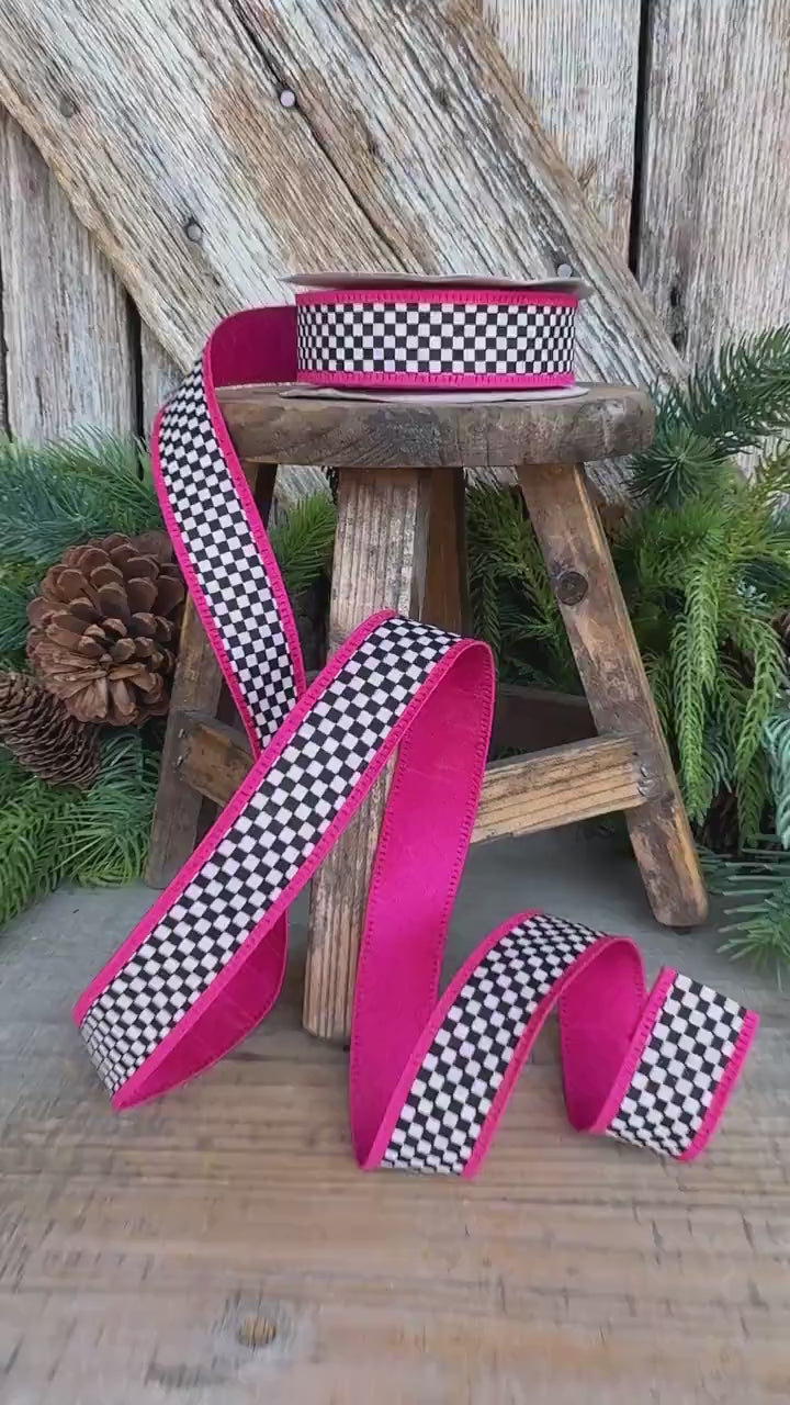 1" Black White Check Ribbon with Hot Pink Trim
