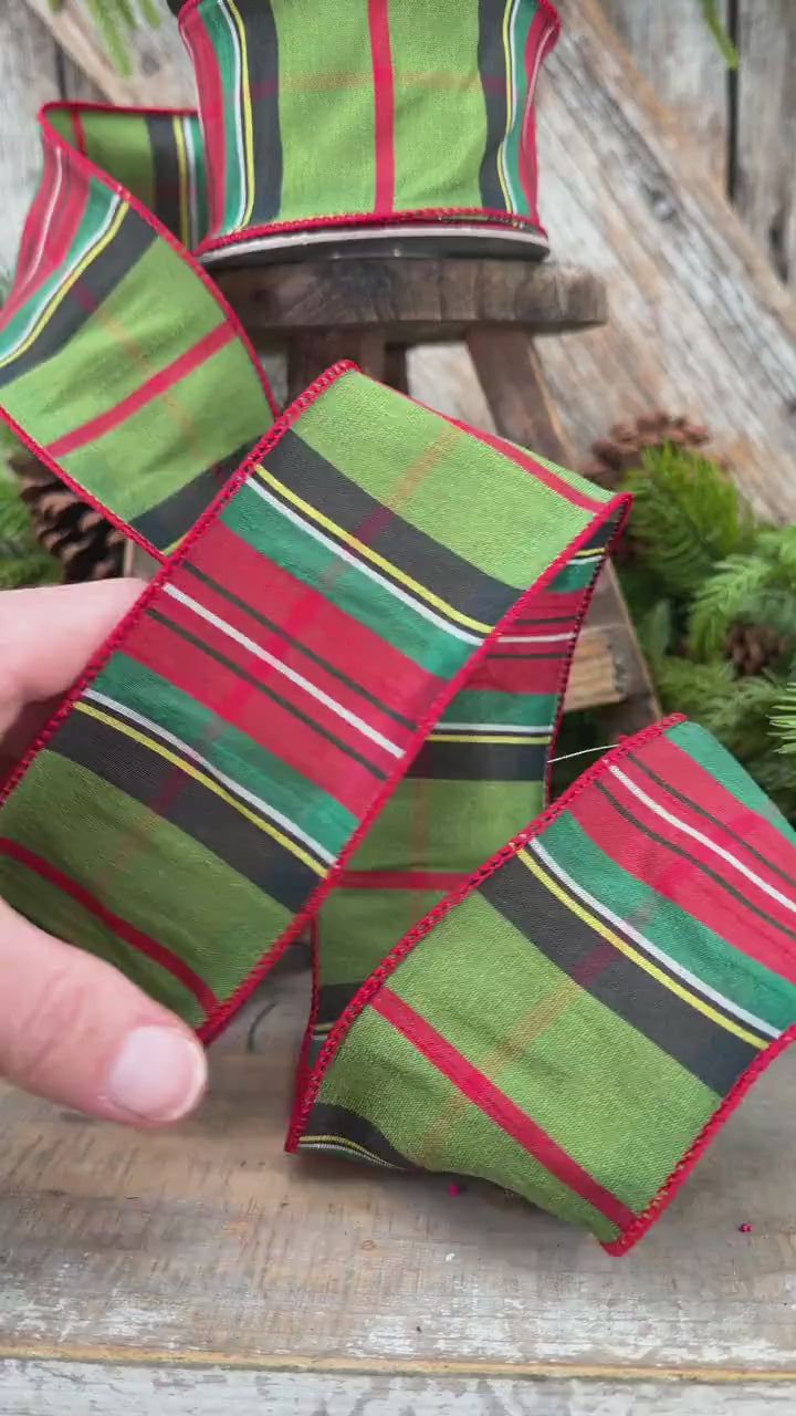 2.5" Green Tartan Christmas Plaid Ribbon, Green Red Christmas Ribb