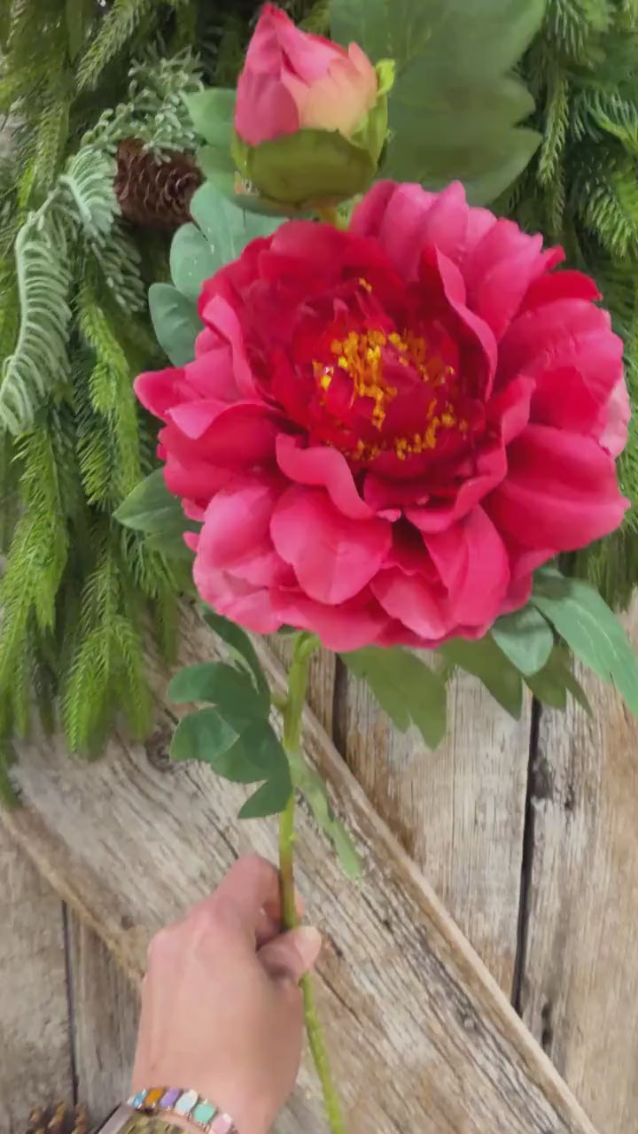 30" Hot Pink Peony Spray, Artificial Peony Flower Stem with Bud