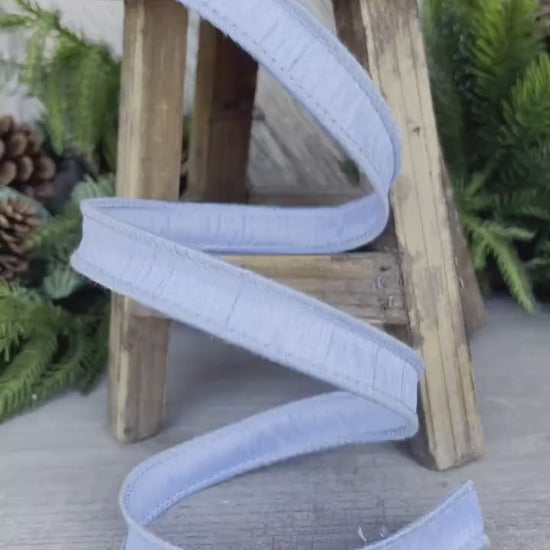 7/8" Light Blue Dupioni Ribbon, Wired Ribbon, Narrow Ribbon