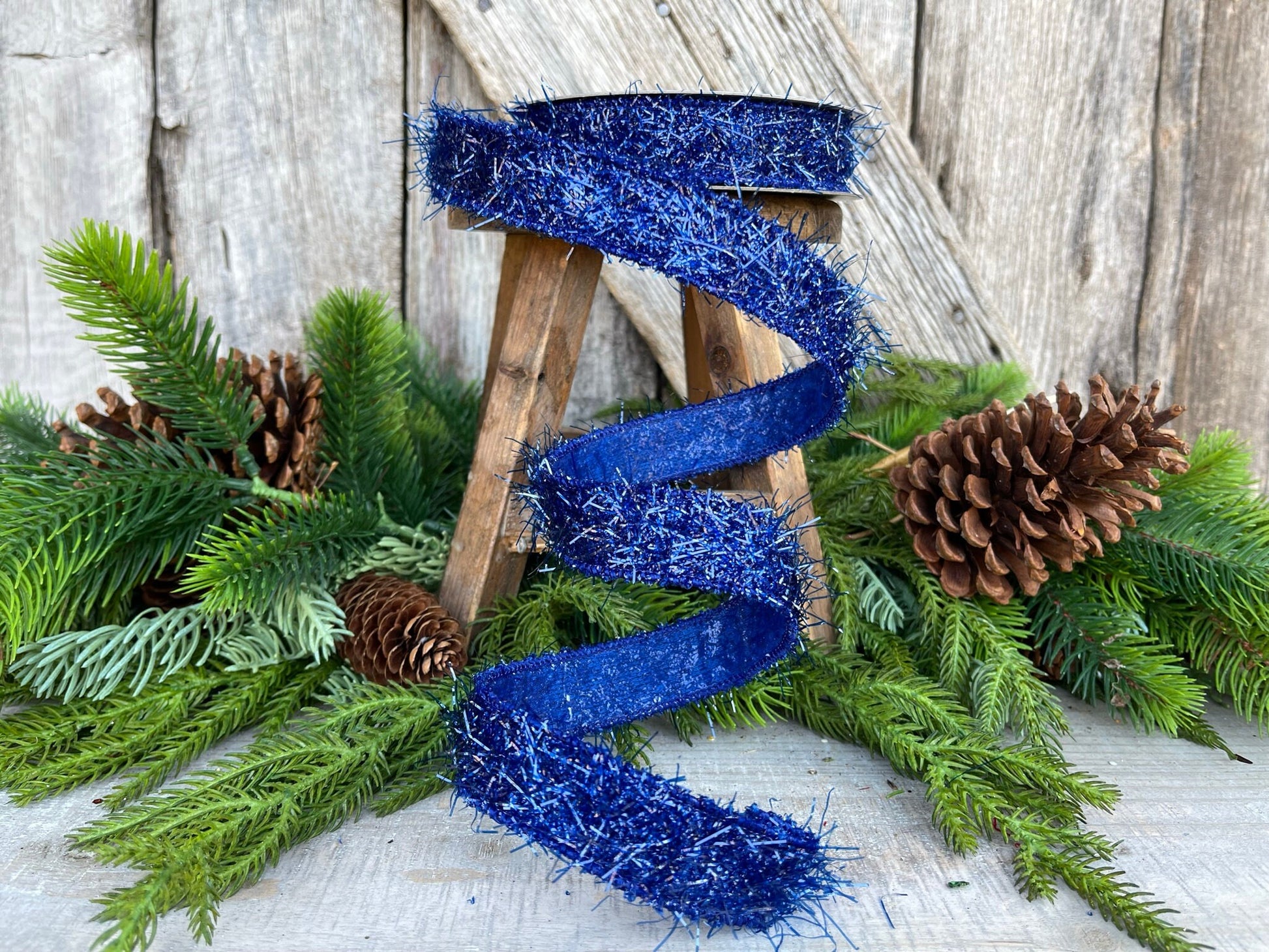 Wired Royal Blue Glitter Ribbon, Blue Wired Ribbon for Wreaths and