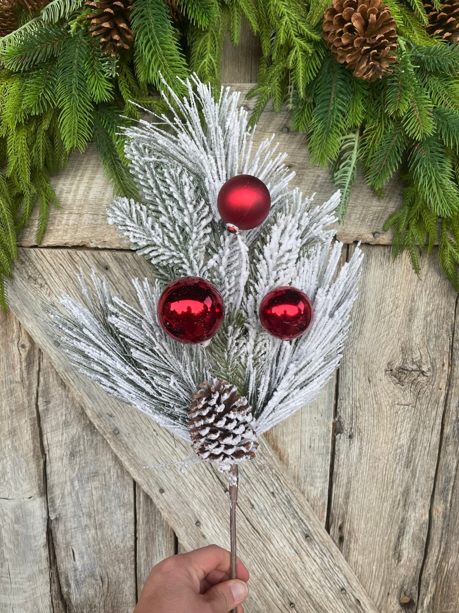 24 Flocked Pine with Red Balls, Christmas Greenery, White FLocked Greenery  BUsh